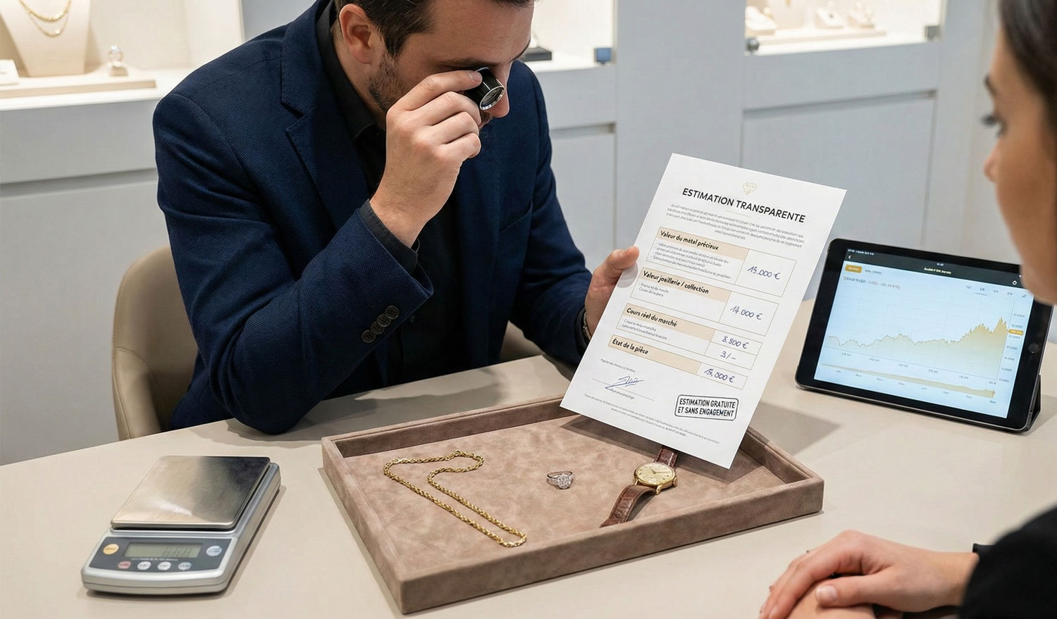 Estimation basée sur la valeur du métal précieux et la valeur joaillerie