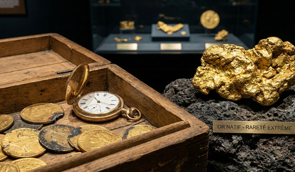 Pièces de collection et pépite d'or natif montrant pourquoi acheter de l'or à Bordeaux.